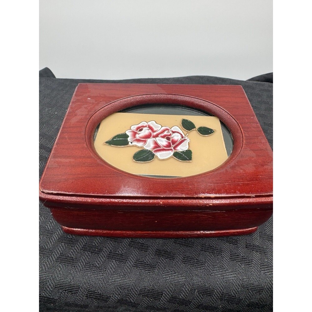 Jewelry Box Small Wood Floral Glass Top 2 Compartments Ring Slots Velvet Lined